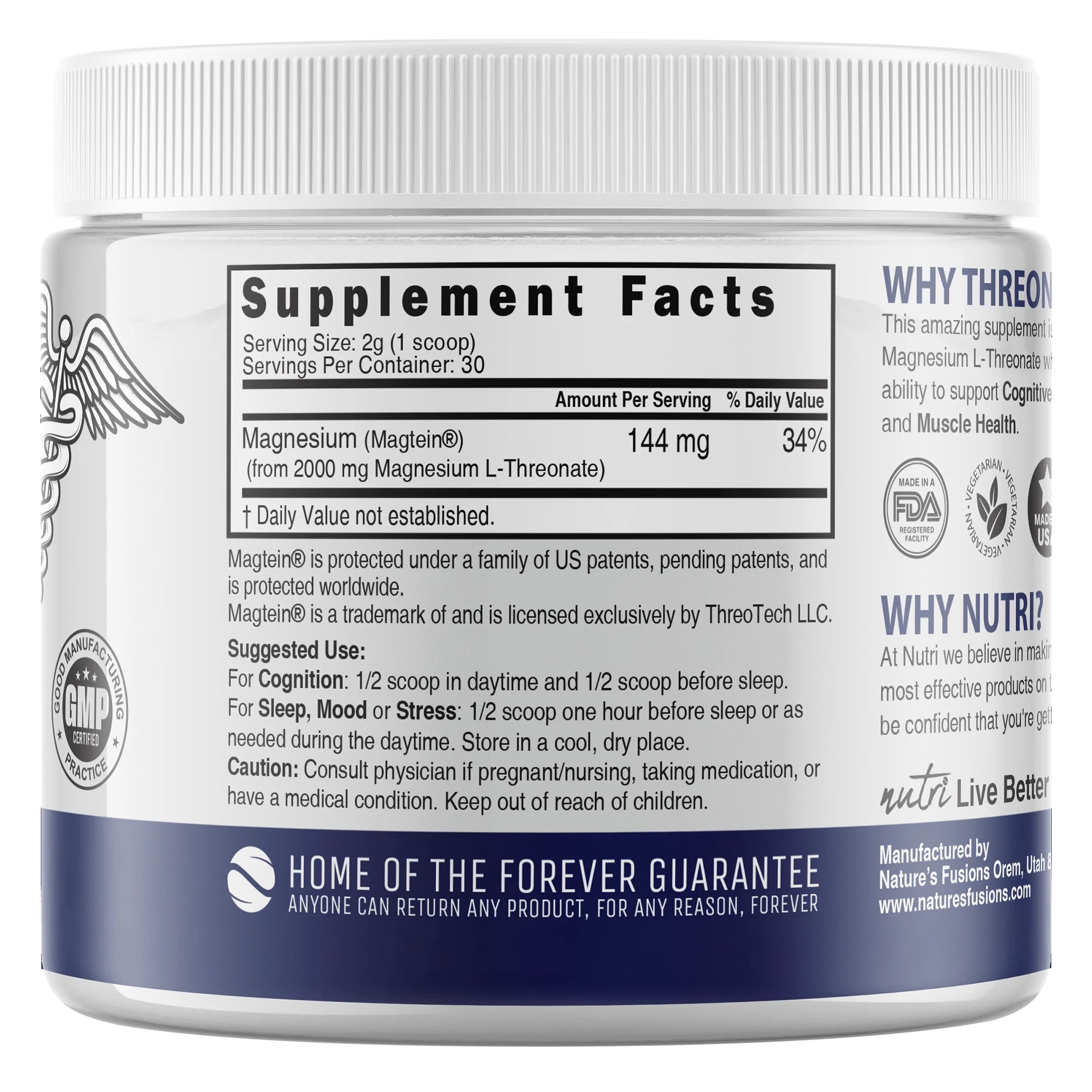 Nature's Fusions Nutri Magtein Magnesium L-Threonate 2000 mg Unflavored Powder – 60 g Tub, view 2