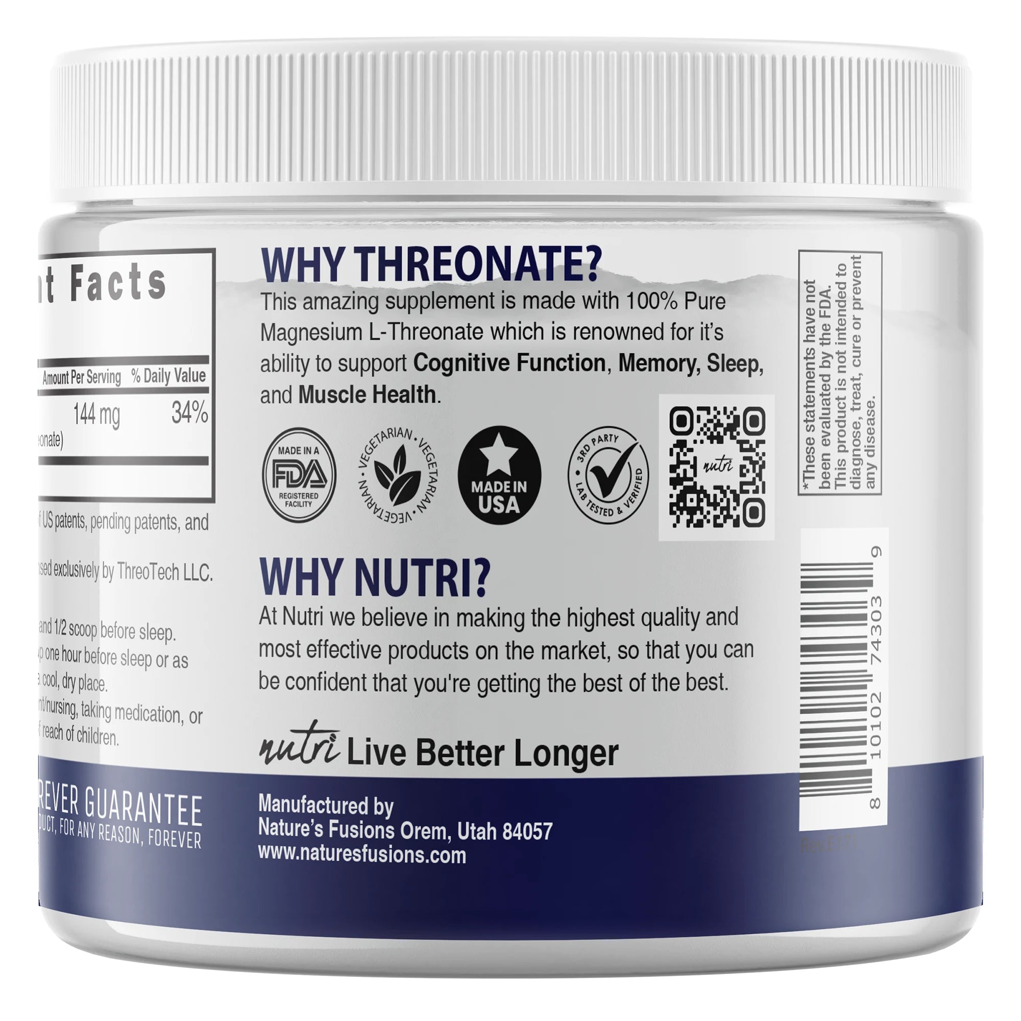 Nature's Fusions Nutri Magtein Magnesium L-Threonate 2000 mg Unflavored Powder – 60 g Tub, view 3