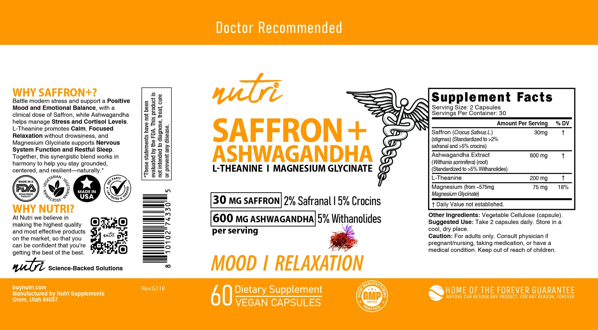 Nature's Fusions Nutri Saffron + Ashwagandha Complex with L-Theanine & Magnesium Glycinate – 60 Count, view 4