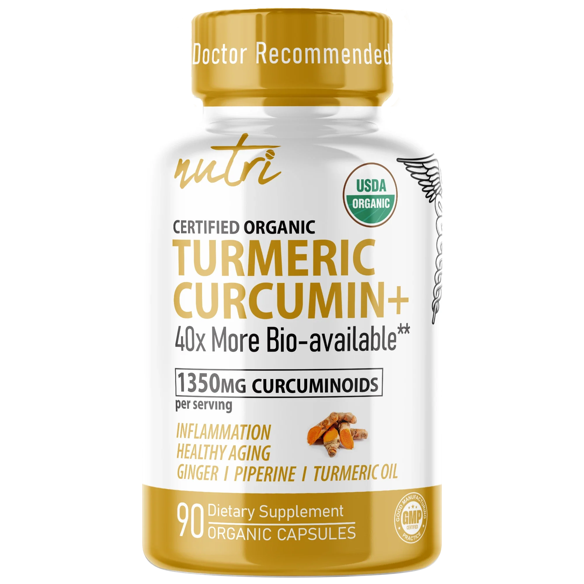 Nature's Fusions Nutri Turmeric Curcumin+ with Ginger, Piperine & Turmeric Oil 1350 mg – 90 Count – Organic
