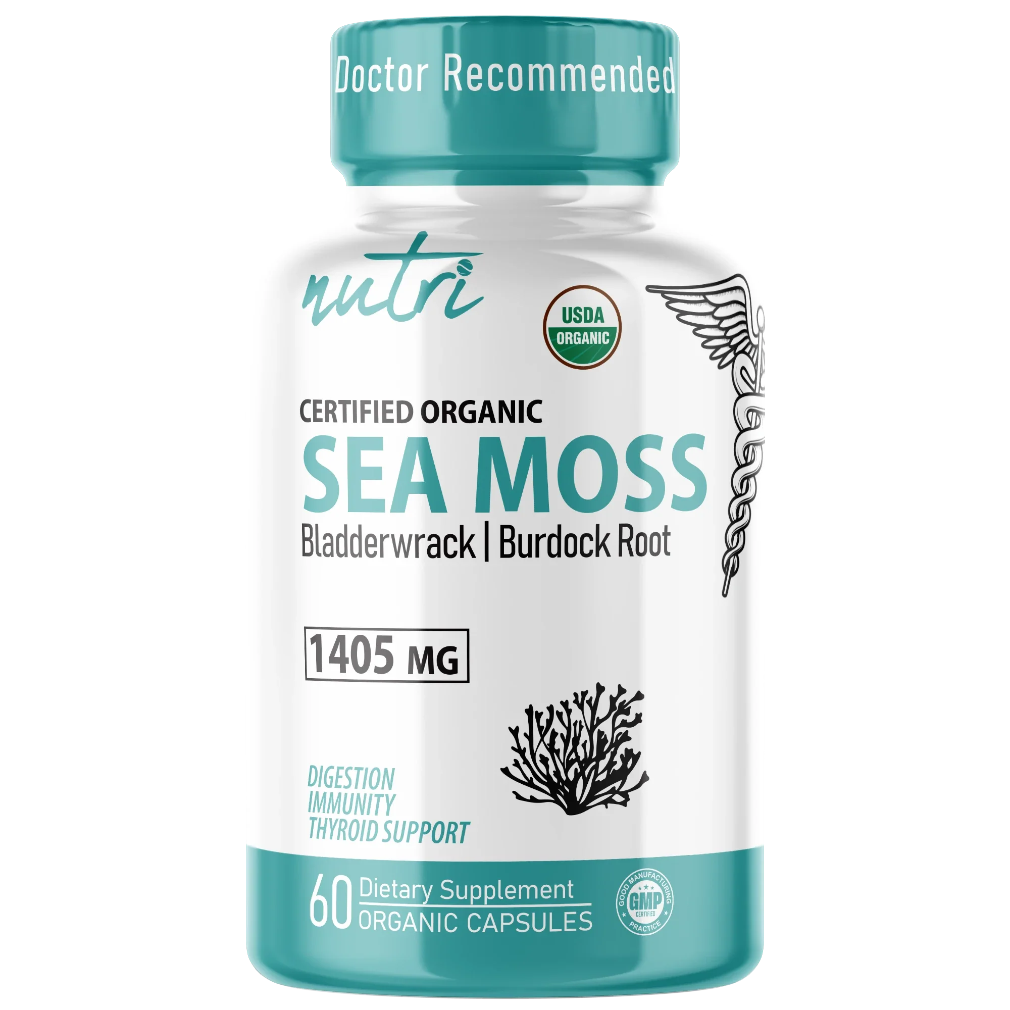 Nature's Fusions Nutri Sea Moss with Bladderwrack, Burdock & Black Pepper 1405 mg – 60 Count – Organic