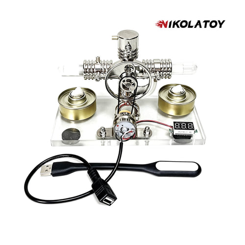 Nikola Toy Cross Twin Stirling Engine with Power Generation Device and Voltmeter