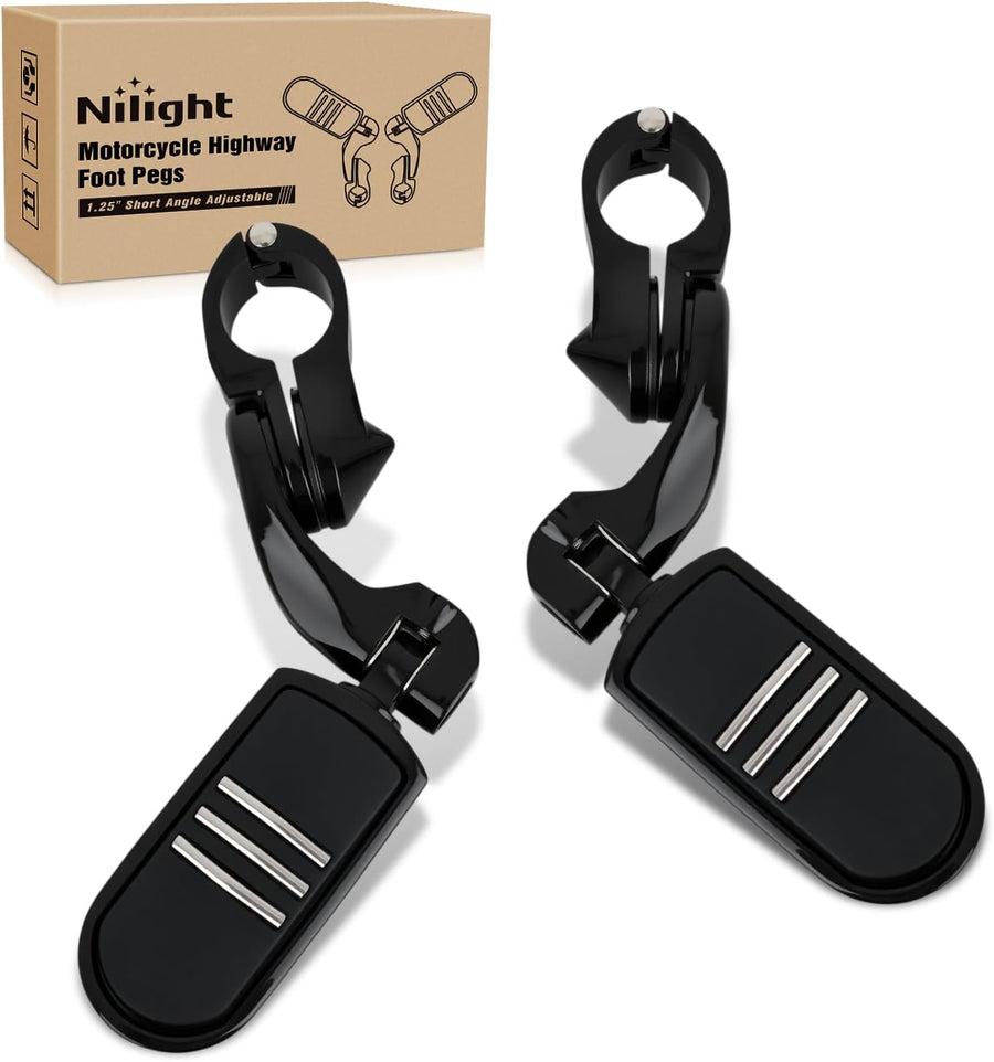 Nilight 1-1/4 Inch Motorcycle Highway Pegs For Harley Davidson Touring Road King Street Glide Sportster Adjustable Short Angled Foot Pegs Universal For 1.25 Inch Engine Guard Crash Bars Highway Footpegs Black