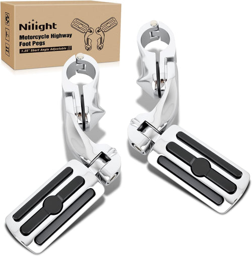 Nilight 1-1/4 Inch Motorcycle Highway Pegs For Harley Touring Street Glide Electra Glide Road King CVO Dyna Trike Sportster Adjustable Short Angled Foot Pegs Universal For 1.25 Inch Engine Guard Crash Bars
