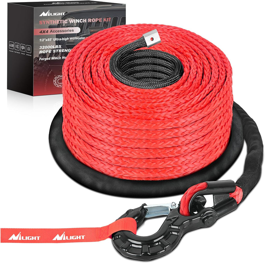 Nilight 1/2 Inch Synthetic Winch Rope 85 Feet 32,000 lbs Line Cable Kit With Thimble Protective Sleeve Forged 35000lb Hook Universal for SUV 4WD Off Road Vehicle Truck ATV UTV, Red & Black