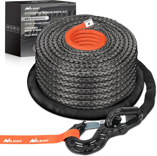 Nilight 1/2 Inch x 92 Inch Synthetic Winch Rope 32,000 lbs Winch Line Cable Ropes Kit with Thimble Protective Sleeve 35000lb Heavy Duty Winch Hook for SUV 4WD Off Road Vehicle Truck ATV UTV, Black & Orange