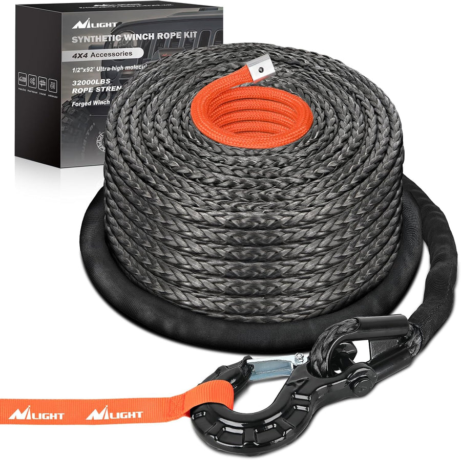 Nilight 1/2 Inch x 92 Inch Synthetic Winch Rope 32,000 lbs Winch Line Cable Ropes Kit with Thimble Protective Sleeve 35000lb Heavy Duty Winch Hook for SUV 4WD Off Road Vehicle Truck ATV UTV, Black & Orange