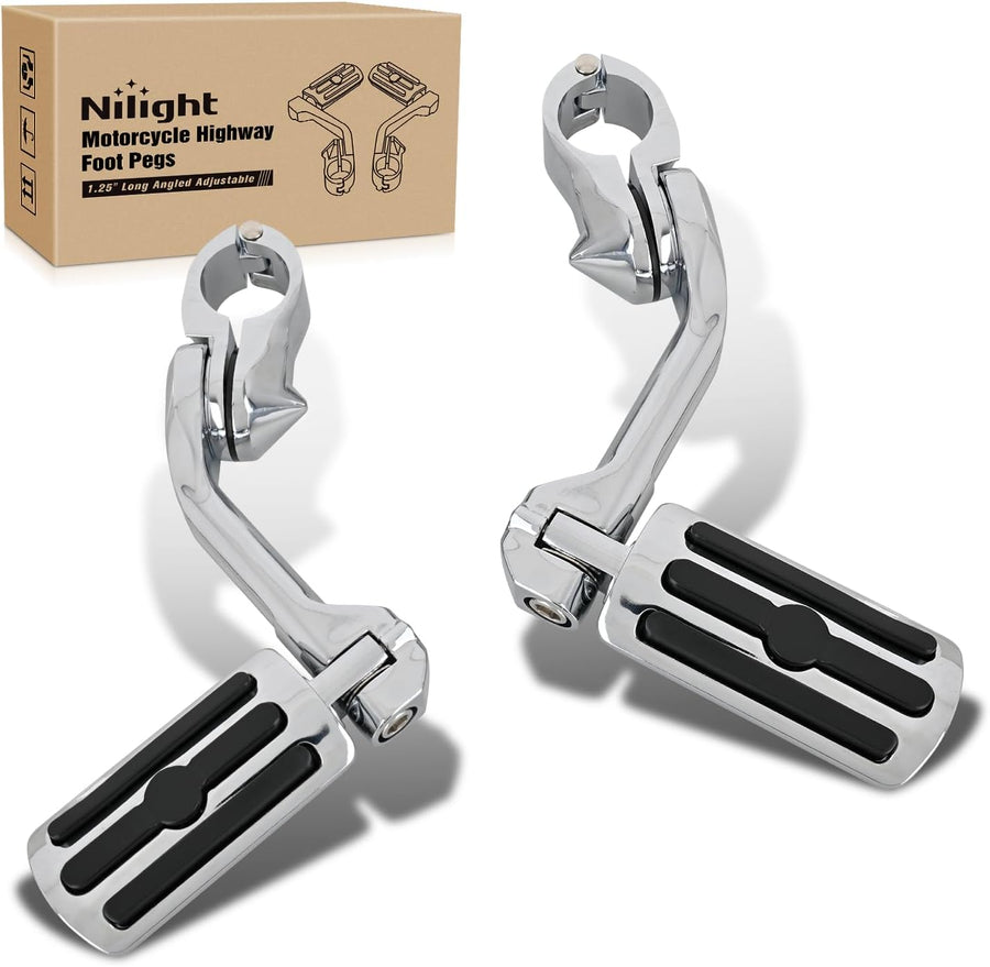 Nilight 1.25 Inch Motorcycle Highway Pegs For Harley Davidson Touring Road King Street Glide Sportster, Adjustable Long Angled Foot Pegs Clamp Universal For 1-1/4 Inch Engine Guard Crash Bars Highway Footpegs