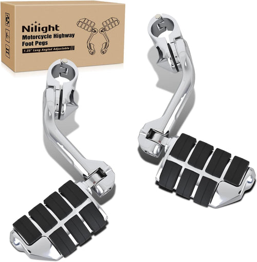 Nilight 1.25 Inch Motorcycle Highway Pegs For Harley Davidson Touring Road King Street Glide Sportster Adjustable Long Angled Foot Pegs Universal For 1-1/4 Inch Engine Guard Crash Bars Highway Footpegs Chrome