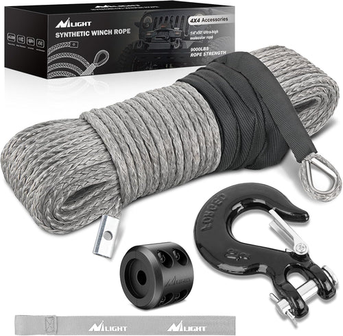 Nilight 1/4 Inch x 50 Feet Synthetic Winch Line Cable Universal for ATV UTV 4x4 Off-Road Vehicle 9000 lbs Winch Line Ropes with Steel Hook Rubber Stopper Protective Sleeve Safety Strap, Grey
