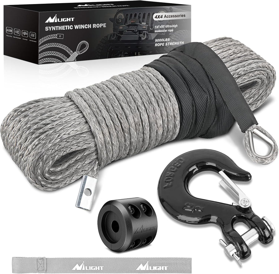 Nilight 1/4 Inch x 50 Feet Synthetic Winch Line Cable Universal for ATV UTV 4x4 Off-Road Vehicle 9000 lbs Winch Line Ropes with Steel Hook Rubber Stopper Protective Sleeve Safety Strap, Grey