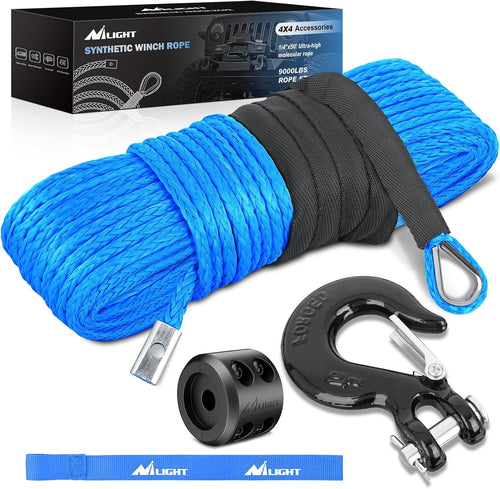 Nilight 1/4 Inch x 50 Feet Winch Rope Synthetic Winch Line Cable Universal for ATV UTV 4x4 Off-Road Vehicle 9000lbs Winch Line Ropes with Steel Hook Rubber Stopper Protective Sleeve Safety Strap,Blue