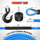 Nilight 1/4 Inch x 50 Feet Winch Rope Synthetic Winch Line Cable Universal for ATV UTV 4x4 Off-Road Vehicle 9000lbs Winch Line Ropes with Steel Hook Rubber Stopper Protective Sleeve Safety Strap,Blue, view 3
