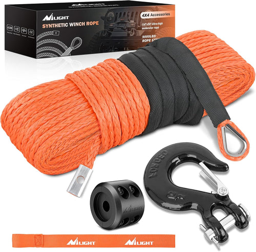 Nilight 1/4 inch x 50 ft Synthetic Winch Line Cable Kit - Universal for ATV, UTV, 4x4 Off-Road Vehicle - 9000 lbs Winch Line Ropes with Steel Hook, Rubber Stopper, Protective Sleeve, Safety Strap, Orange