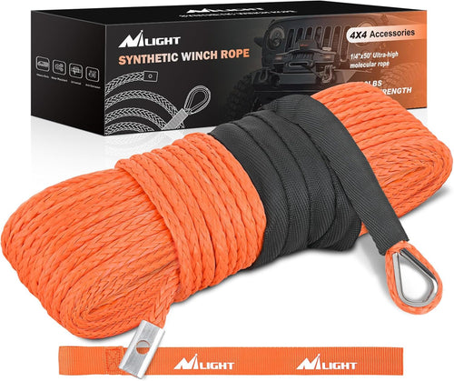 Nilight 1/4 Inch x 50 ft Synthetic Winch Rope 9,000 LBS Winch Line Cable with Black Protective Sleeve Winch Line Ropes for ATV Winch with Synthetic Rope UTV Trailer Jeep Quad Polaris Winch Cable Orange