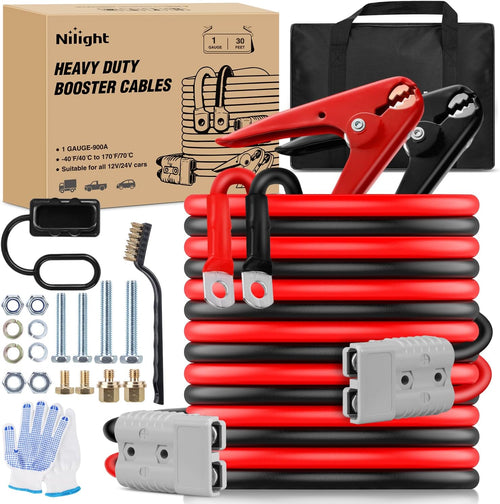 Nilight 1 Gauge 30 Feet Heavy Duty Jumper Cables 900 Amp Booster Battery Cables with Permanent Installation kit and Quick Connect Plug Includes Carrying Bag for 12V & 24V Cars SUVs and Trucks