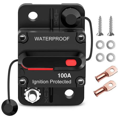 Nilight 100A Circuit Breaker Resettable 12-48V DC Manual Reset w/Copper Wire Lugs Surface Mount Overload Protection