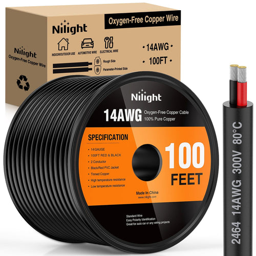 Nilight 100FT 14AWG Oxygen-Free Copper Wire Red Black Electrical Wire Stranded PVC Cord 2 Conductor Parallel 300V DC Flexible Extension Cords