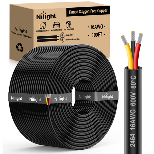 Nilight 100FT 16AWG 3 Conductor Electrical Wire Tinned Oxygen Free Copper Red Black Yellow 3 Wires Parallel 600V DC Flexible PVC Case Extension Cords for LED Strips Lamps Lighting