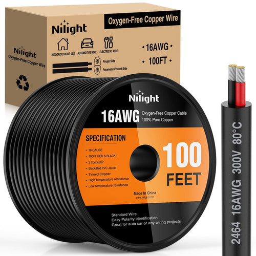 Nilight 100FT 16AWG Oxygen-Free Copper Wire Red Black Electrical Wire Stranded PVC Cord 2 Conductor Parallel 300V DC Flexible Extension Cords