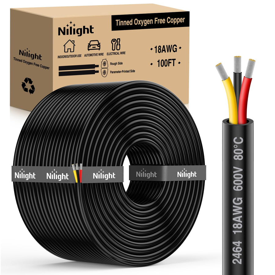 Nilight 100FT 18AWG 3 Conductor Electrical Wire Tinned Oxygen Free Copper Red Black Yellow 3 Wires Parallel 600V DC Flexible PVC Case Extension Cords for LED Strips Lamps Lighting