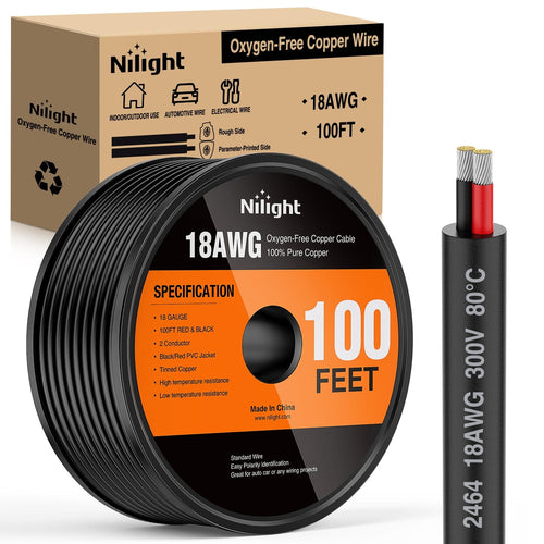 Nilight 100FT 18AWG Oxygen-Free Copper Wire Red Black Electrical Wire Stranded PVC Cord 2 Conductor Parallel 300V DC Flexible Extension Cords