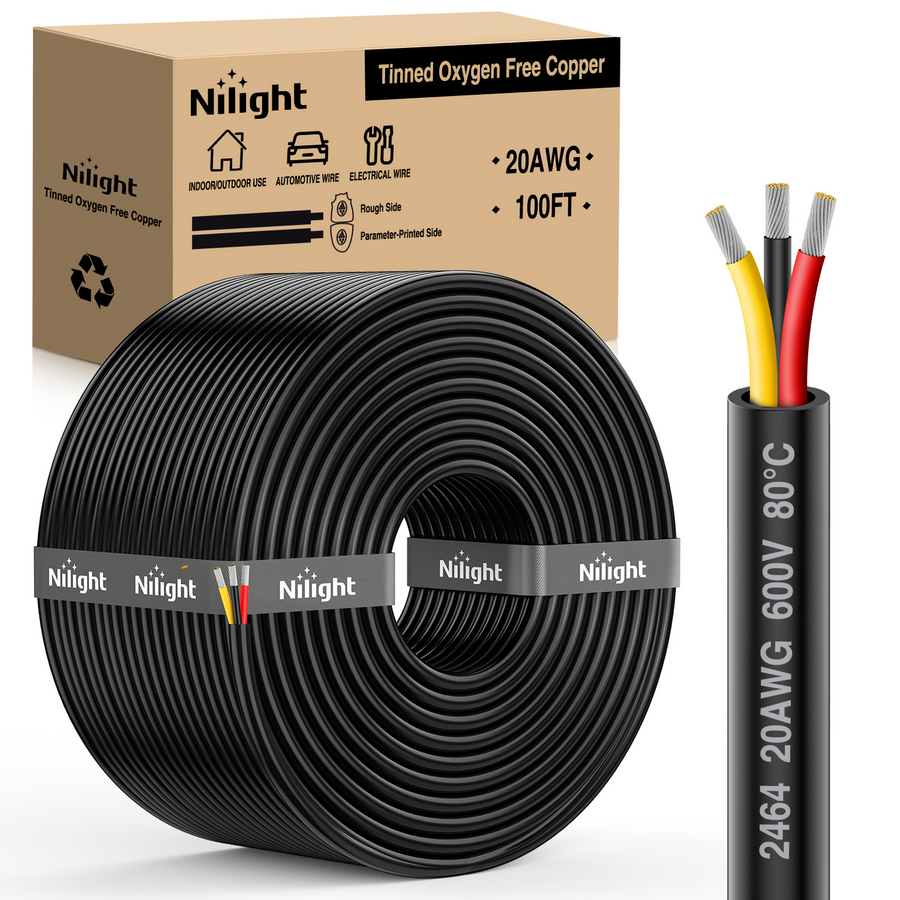 Nilight 100FT 20 Gauge 3 Conductor Electrical Wire Tinned Oxygen Free Copper Red Black Yellow 3 Wires Parallel 600V DC Flexible PVC Case Extension Cords for LED Strips Lamps Lighting