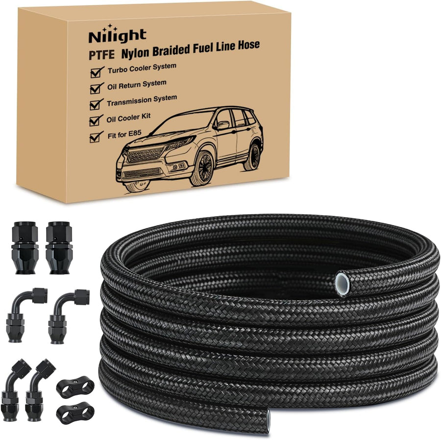 Nilight 10AN 10FT PTFE Fuel Hose Kit with 8PCS AN10 Fitting&Hose Separator | Fit E85 Nylon Stainless Steel Braided Fuel Hose Universal for Automotive Racing Engines