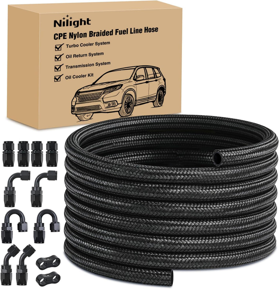 Nilight 10AN 20FT CPE Fuel Hose Kit with 12PCS AN10 Fitting&Hose Separator | CPE Nylon Stainless Steel Braided Oil Gas Diesel Fuel Hose End Fitting Kit for Transmission Oil Cooler Vacuum Lines