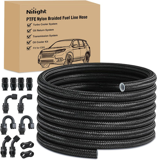 Nilight 10AN 20FT PTFE Fuel Hose Kit with AN10 Fittings & Hose Separators | Fit E85 Nylon Stainless Steel Braided Fuel Hose with 12PCS Fittings Universal for Automotive Racing Engines