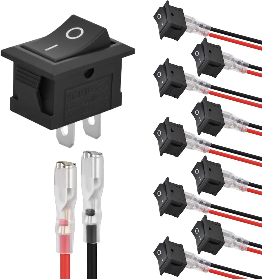 Nilight 10PCS Mini ON/Off Rocker Switch 2 Pin SPST 12V 20A 125V 10A Toggle Switch Kit with 20PCS Wires KCD1 T125 for Car Truck Boat Marine Off-Road RV Household Appliance
