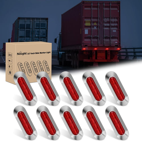 Nilight 10PCS Red Oval Side Marker Lights 4 LED 3.7 Inch Clearance Lamp IP68 Waterproof DC 12-24V with Chrome Bezel Universal for Car Auto Truck Bus Trailer Boat Deck
