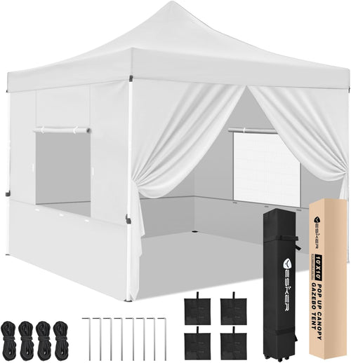 Nilight 10x10 Pop Up Canopy Tent with 4 Sidewalls Portable Folding Outdoor Canopy Easy Setup Gazebo Waterproof Instant Popup Shelter Tent w Wheel Carry Bag sandbags for Events Parties Camping, White