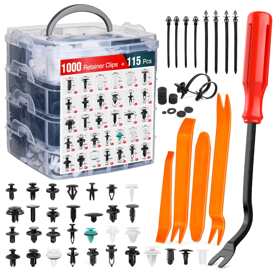 Nilight 1115Pcs Car Push Retainer Clips Auto Fasteners Kit 32 Most Popular Sizes Nylon Bumper Fender Rivets with 5 Fasteners Remover 10 Cable Ties for Toyota GM Ford Honda Chevy