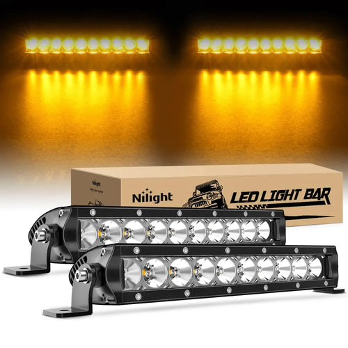 Nilight 11 Inch 50W Amber Slim Flood Led Light Bar | 2 Style Mounts (Pair)