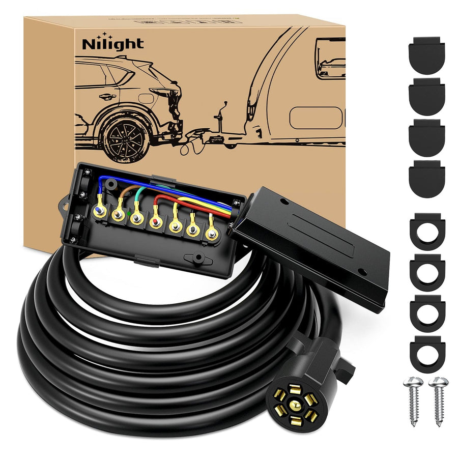 Nilight 12 Feet Heavy Duty 7 Way Inline Trailer Plug with 7 Gang Junction Box