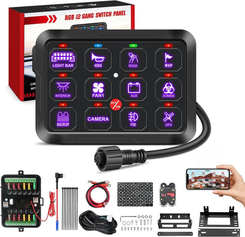 Nilight 12 Gang Switch Panel 12V 24V Universal Circuit Control Relay System with RGB Backlight APP Fuse Wiring Harness Automatic Dimmable ON Off LED Switches Pod for Car Pickup Truck Camper SUV