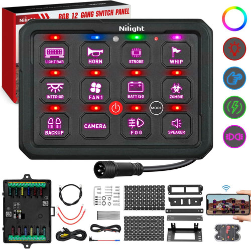 Nilight 12 Gang Switch Panel Circuit Control Relay System APP RGB Backlight Fuse Wiring Harness Toggle Momentary Strobe Flash Modes Automatic Dimmable 12V 24V for Car Truck Camper SUV