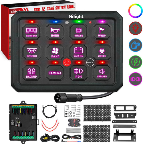 Nilight 12 Gang Switch Panel Circuit Control Relay System RGB Backlight Fuse Wiring Harness Toggle Momentary Strobe Flash Modes Automatic Dimmable 12V 24V for Car Truck Camper SUV