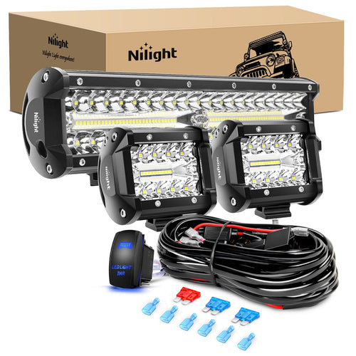 Nilight 12 Inch 300W Triple Row Light Bar 4Inch 60W Pods with Wiring Harness Kit-3 Lead