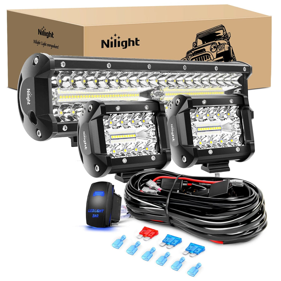 Nilight 12 Inch 300W Triple Row Light Bar 4Inch 60W Pods with Wiring Harness Kit-3 Lead