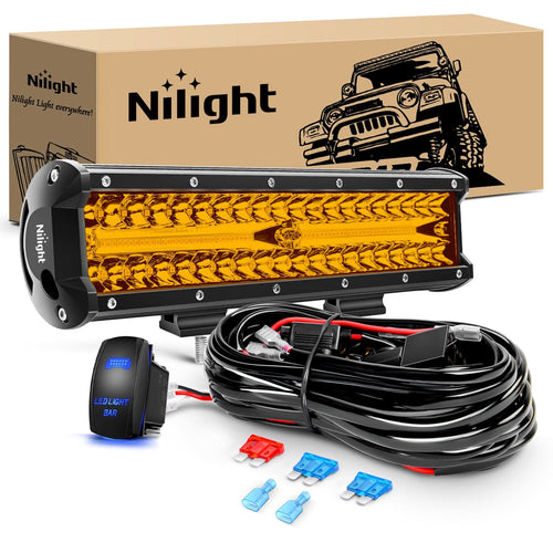 Nilight 12Inch Amber 300W Triple Row Led Light Bar with 16AWG 5Pin Rocker Switch Wiring Harness Kit 1 Lead