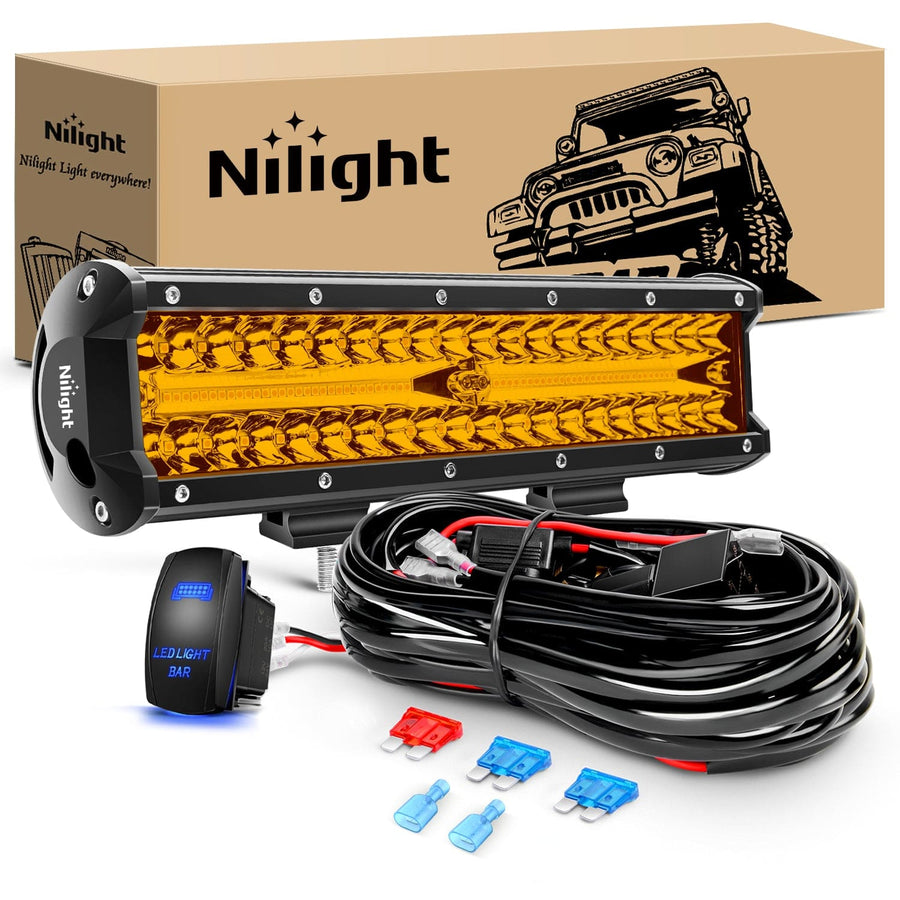 Nilight 12Inch Amber 300W Triple Row Led Light Bar with 16AWG 5Pin Rocker Switch Wiring Harness Kit 1 Lead