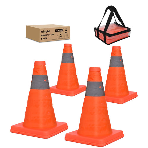 Nilight 12 Inch Collapsible Traffic Safety Cones 4 Pack - Bright Orange Parking Cones with Reflective Collars for Roadside Emergency, Parking, Driving Practice