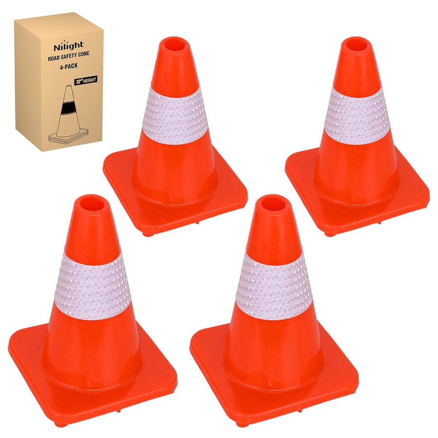 Nilight 12 inch Traffic Safety Cones, 4 Pack Durable PVC Orange Cones with Reflective Collars for Road Safety, Parking, Construction Work, Sports Training