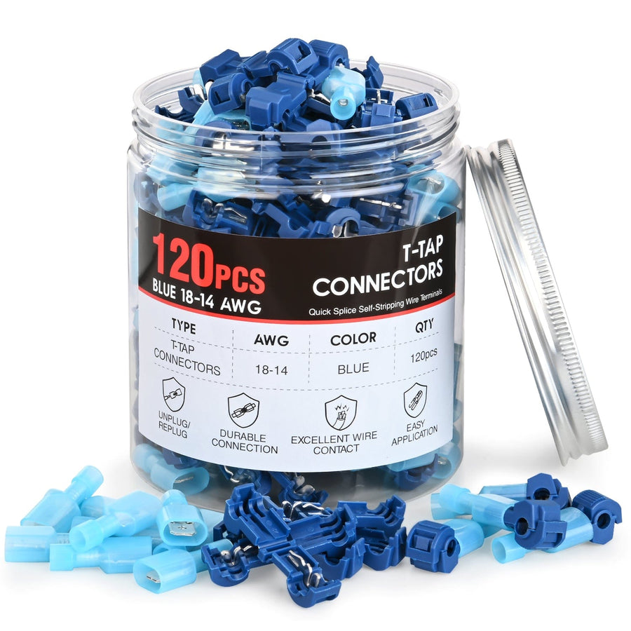 Nilight 120PCS/60 Pairs Quick Splice Disconnect Wire Terminals T-Tap Spade Wire Connectors Bule 16-14 AWG Male Female Self-Stripping Kit