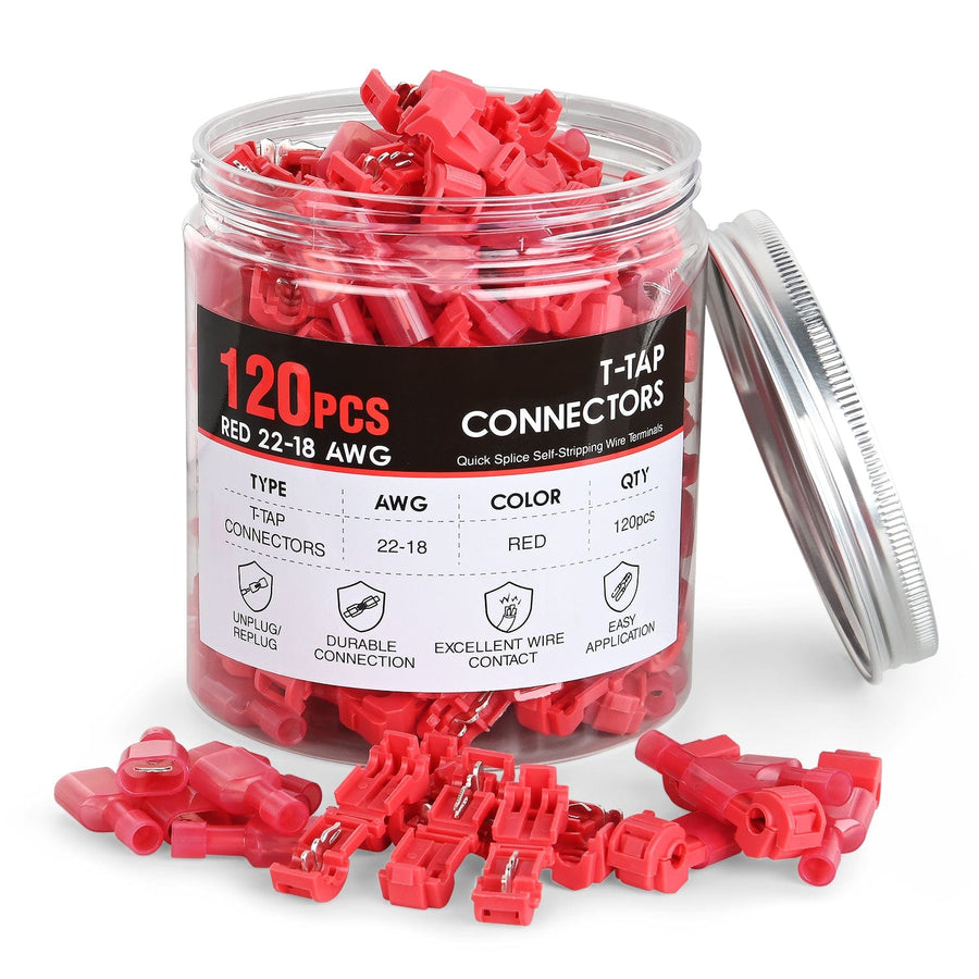 Nilight 120PCS/60 Pairs Quick Splice Disconnect Wire Terminals T-Tap Spade Wire Connectors Red 22-16 AWG Male Female Self-Stripping Kit