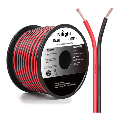 Nilight 12AWG 100FT Copper Clad Aluminum Wire 12/2 Gauge Red Black CCA Electrical Cable 2 Conductor Parallel 12V 24V DC Flexible Extension Cords