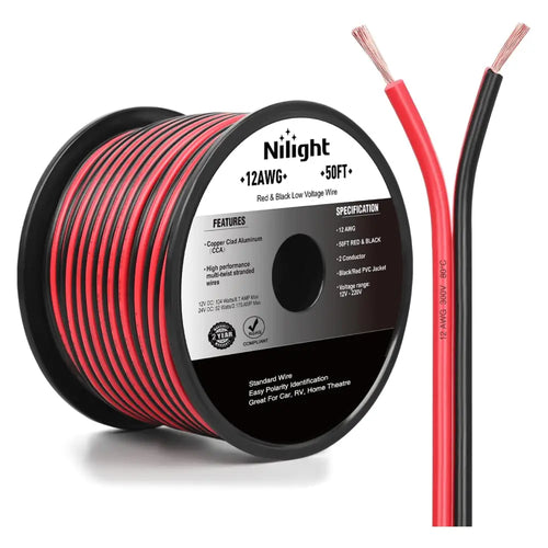 Nilight 12AWG 50FT Copper Clad Aluminum Wire 12-2 Gauge Red Black CCA Electrical Cable 2 Conductor Parallel 12V 24V DC Flexible Extension Cords