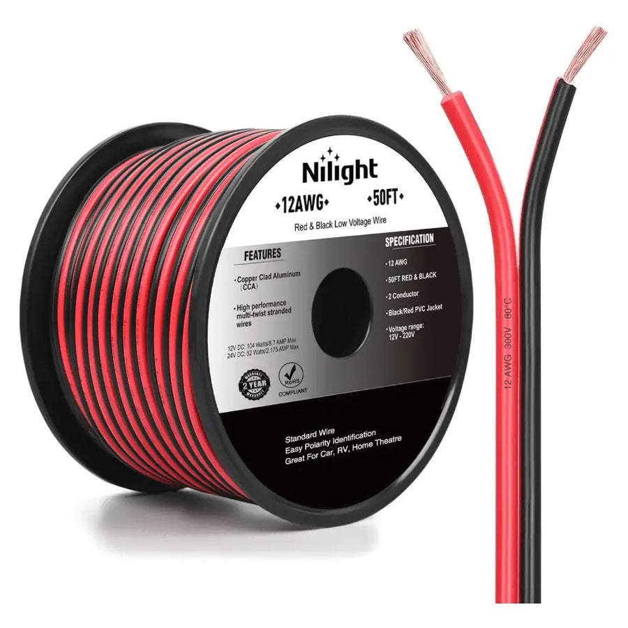 Nilight 12AWG 50FT Copper Clad Aluminum Wire 12-2 Gauge Red Black CCA Electrical Cable 2 Conductor Parallel 12V 24V DC Flexible Extension Cords